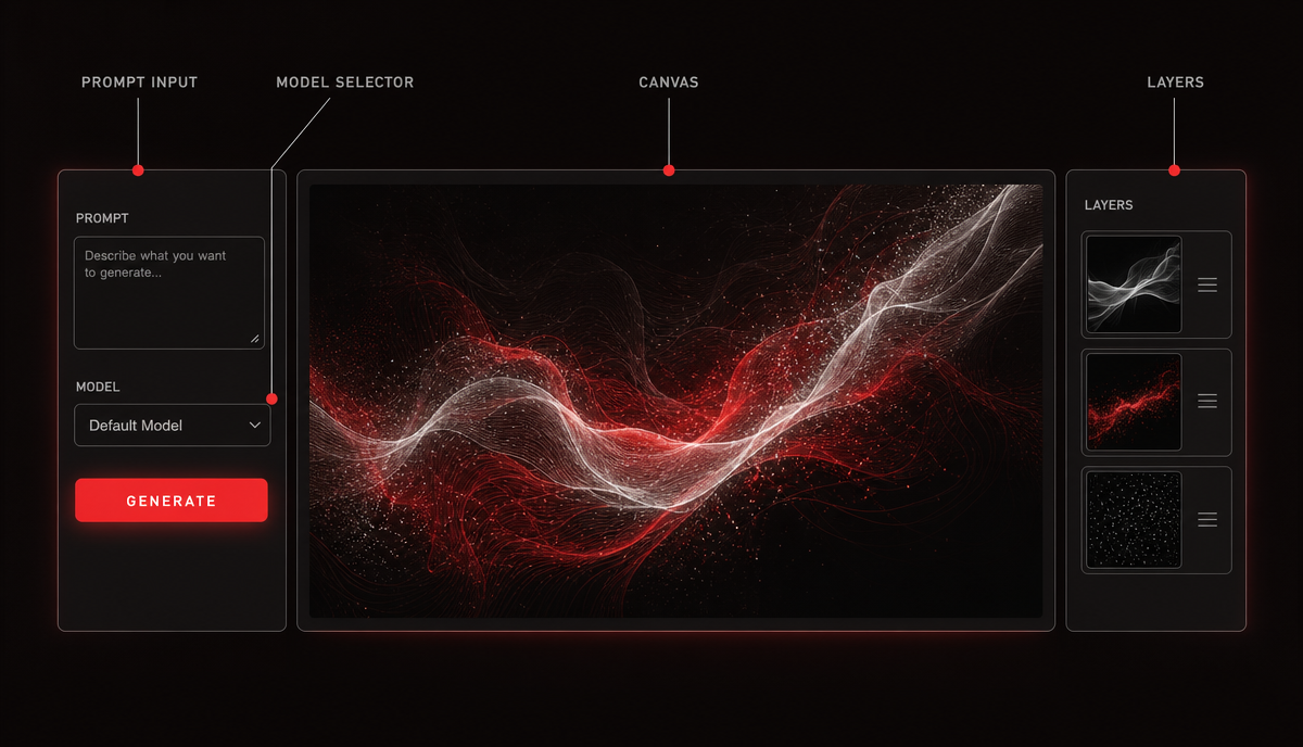 Diagram of the AI Studio layout: a left panel with a prompt field, model selector and Generate button, a wide central canvas showing generated artwork, and a right Layers panel listing three layer thumbnails.