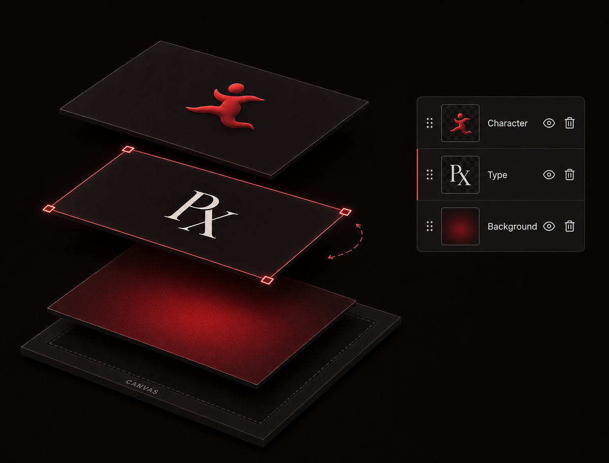 Three separate design layers — a character, a typographic mark, and a background — floating apart above the canvas. The middle layer is selected with corner scale handles and a rotation arc, and a layer list to the right shows reorder, visibility, and delete controls for each layer.
